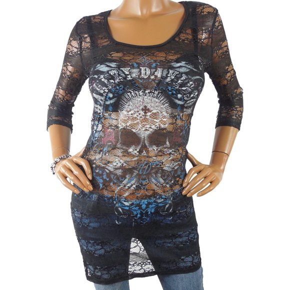 HARLEY DAVIDSON Top M Long Black Lace Tunic Shirt Skull Logo Sheer 3/4 Sleeves - Picture 2 of 14